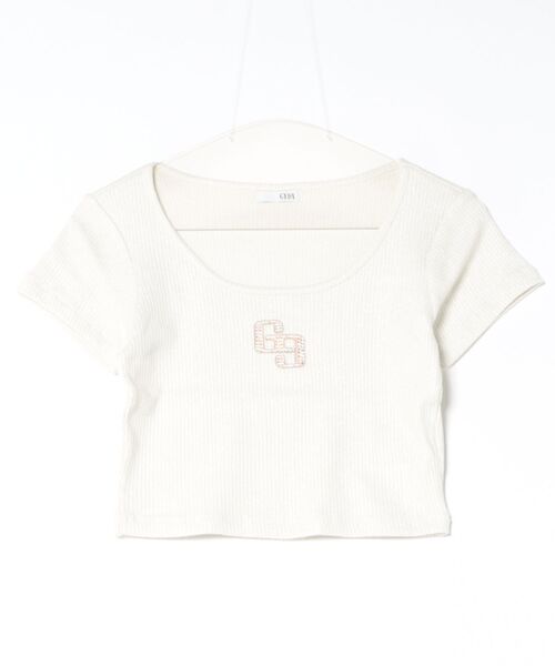 GYDA(ジェイダ)の「GGロゴラインストーンラメテレコハーフスリーブトップス(Tシャツ/カットソー・レディース・ピンク/ブラック/オフホワイト・FREE)」の2枚目の写真