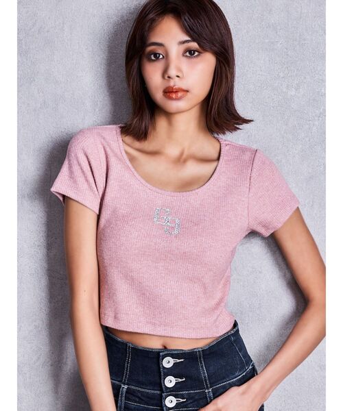 GYDA(ジェイダ)の「GGロゴラインストーンラメテレコハーフスリーブトップス(Tシャツ/カットソー・レディース・ピンク/ブラック/オフホワイト・FREE)」の1枚目の写真