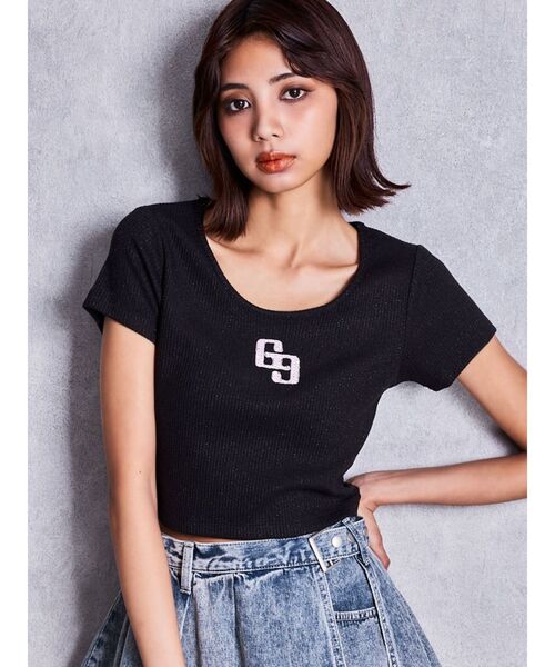 GYDA(ジェイダ)の「GGロゴラインストーンラメテレコハーフスリーブトップス(Tシャツ/カットソー・レディース・ピンク/ブラック/オフホワイト・FREE)」の3枚目の写真