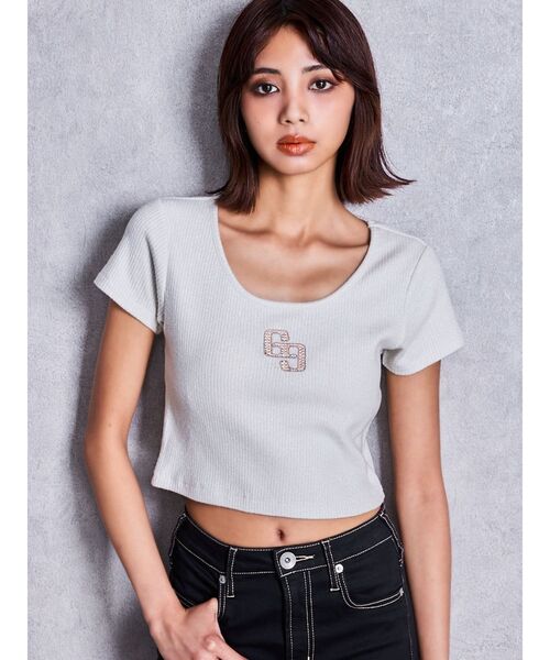 GYDA(ジェイダ)の「GGロゴラインストーンラメテレコハーフスリーブトップス(Tシャツ/カットソー・レディース・ピンク/ブラック/オフホワイト・FREE)」の4枚目の写真