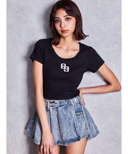 GYDA(ジェイダ)の「GGロゴラインストーンラメテレコハーフスリーブトップス(Tシャツ/カットソー・レディース・ピンク/ブラック/オフホワイト・FREE)」の11枚目の写真