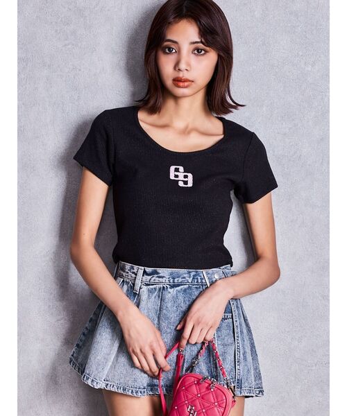 GYDA(ジェイダ)の「GGロゴラインストーンラメテレコハーフスリーブトップス(Tシャツ/カットソー・レディース・ピンク/ブラック/オフホワイト・FREE)」の12枚目の写真