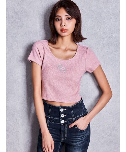 GYDA(ジェイダ)の「GGロゴラインストーンラメテレコハーフスリーブトップス(Tシャツ/カットソー・レディース・ピンク/ブラック/オフホワイト・FREE)」の16枚目の写真