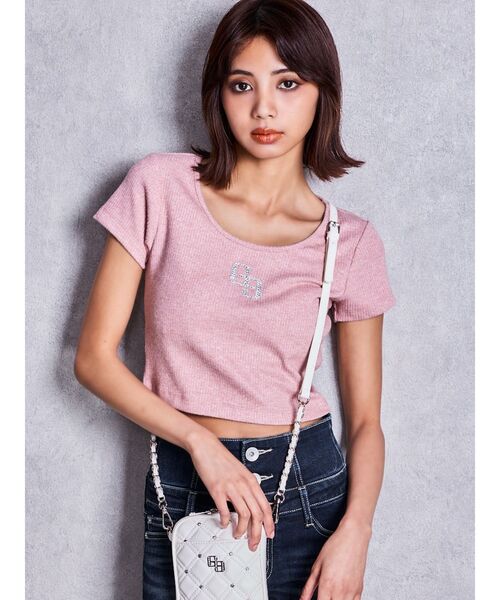 GYDA(ジェイダ)の「GGロゴラインストーンラメテレコハーフスリーブトップス(Tシャツ/カットソー・レディース・ピンク/ブラック/オフホワイト・FREE)」の17枚目の写真