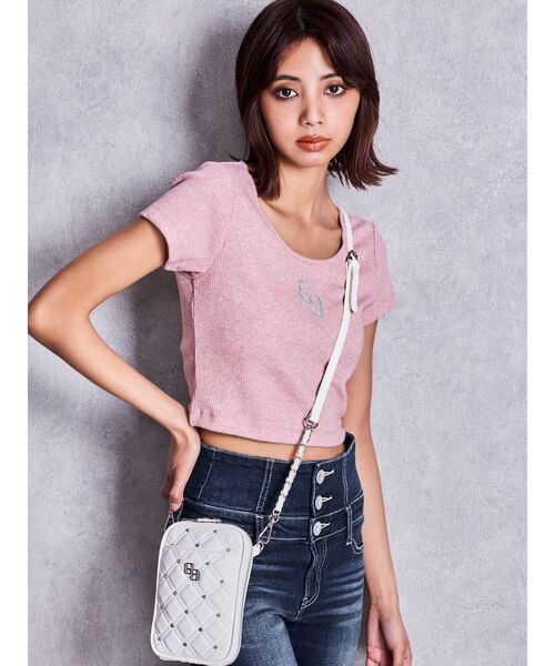GYDA(ジェイダ)の「GGロゴラインストーンラメテレコハーフスリーブトップス(Tシャツ/カットソー・レディース・ピンク/ブラック/オフホワイト・FREE)」の18枚目の写真