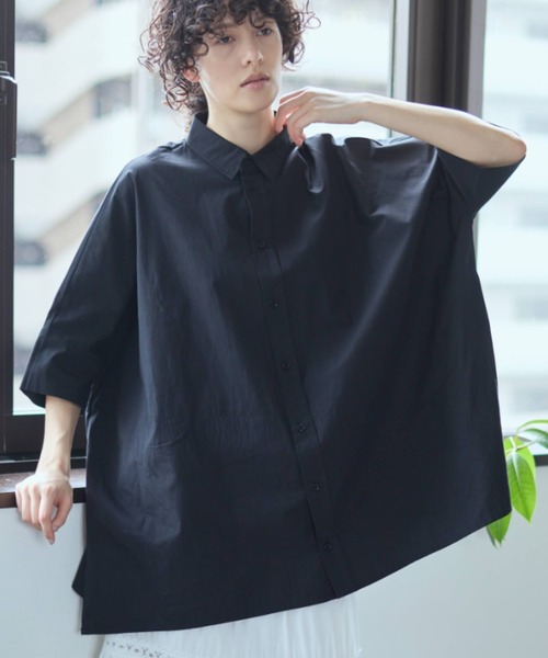 Libra Cue(リブラ キュー)の「ビックシルエットハーフスリーブシャツ(シャツ/ブラウス・レディース・ネイビー/ホワイト/ブラック/ピンク・FREE)」の1枚目の写真