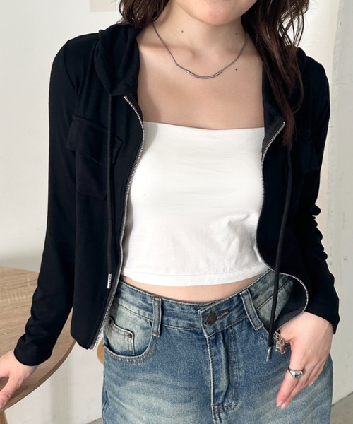 CLEA（クレア）の「ポケット付きジップアップフードトップス（Tシャツ/カットソー・レディース・チャコールグレー/ブラック/グレー/ブラウン/カーキ/ホワイト・FREE）」の13枚目の写真