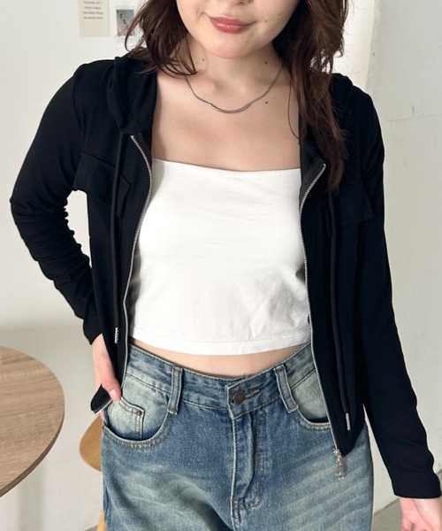 CLEA（クレア）の「ポケット付きジップアップフードトップス（Tシャツ/カットソー・レディース・チャコールグレー/ブラック/グレー/ブラウン/カーキ/ホワイト・FREE）」の14枚目の写真