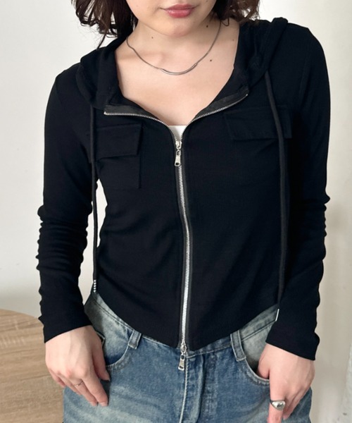 CLEA（クレア）の「ポケット付きジップアップフードトップス（Tシャツ/カットソー・レディース・チャコールグレー/ブラック/グレー/ブラウン/カーキ/ホワイト・FREE）」の15枚目の写真