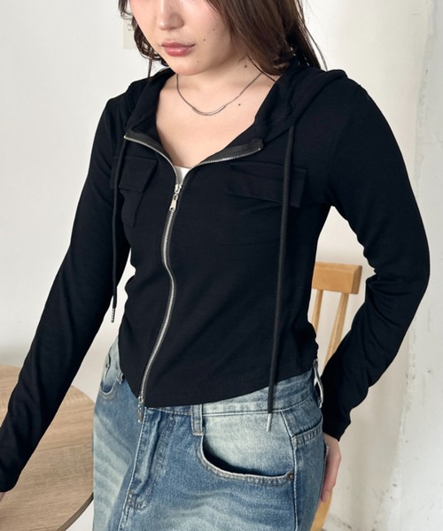 CLEA（クレア）の「ポケット付きジップアップフードトップス（Tシャツ/カットソー・レディース・チャコールグレー/ブラック/グレー/ブラウン/カーキ/ホワイト・FREE）」の16枚目の写真