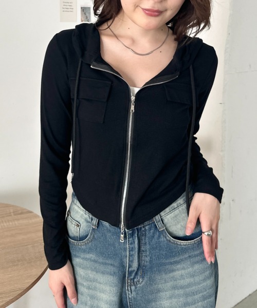 CLEA（クレア）の「ポケット付きジップアップフードトップス（Tシャツ/カットソー・レディース・チャコールグレー/ブラック/グレー/ブラウン/カーキ/ホワイト・FREE）」の17枚目の写真