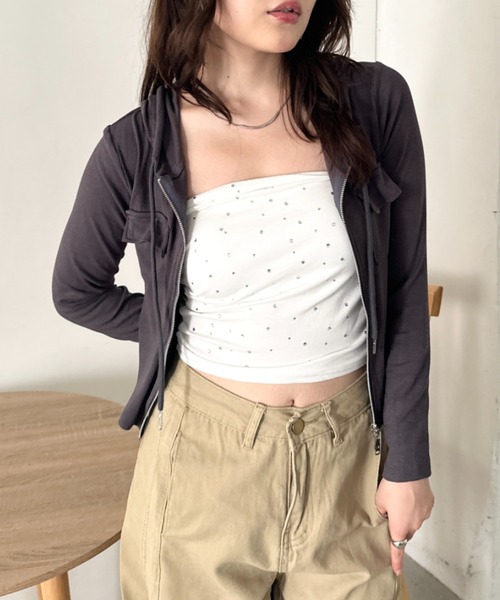 CLEA（クレア）の「ポケット付きジップアップフードトップス（Tシャツ/カットソー・レディース・チャコールグレー/ブラック/グレー/ブラウン/カーキ/ホワイト・FREE）」の18枚目の写真