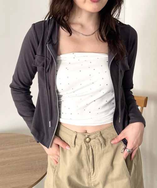 CLEA（クレア）の「ポケット付きジップアップフードトップス（Tシャツ/カットソー・レディース・チャコールグレー/ブラック/グレー/ブラウン/カーキ/ホワイト・FREE）」の19枚目の写真