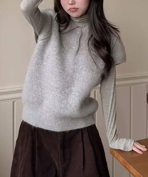 MAISON DE THERESE(メゾン ド テレーズ)の「コンパクトパフスリーブポロニット(ニット/セーター・レディース・PINK/GRAY/アイボリー・FREE)」の13枚目の写真