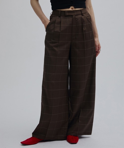Ameri(アメリ)の「YARN DYED CHECK WIDE STRAIGHT PANTS(その他パンツ・レディース・ブラウン/グレー/ライトグリーン・SMALL/MEDIUM)」の2枚目の写真