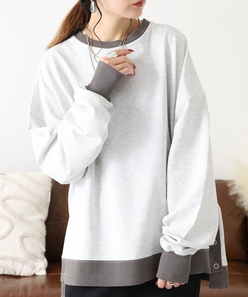 Arinomama(アリノママ)の「Arinomama 260gミニ裏毛 サイドボタン配色リブトレーナー(Tシャツ/カットソー・レディース・杢グレー/スミクロ/ブラウン・FREE)」の2枚目の写真