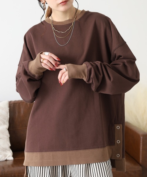 Arinomama(アリノママ)の「Arinomama 260gミニ裏毛 サイドボタン配色リブトレーナー(Tシャツ/カットソー・レディース・杢グレー/スミクロ/ブラウン・FREE)」の3枚目の写真