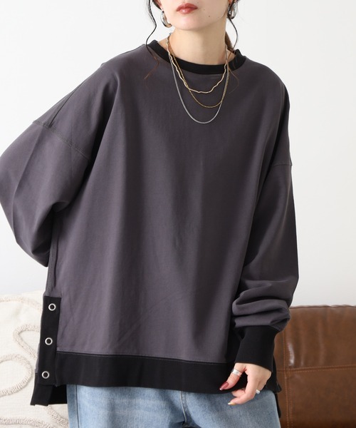 Arinomama(アリノママ)の「Arinomama 260gミニ裏毛 サイドボタン配色リブトレーナー(Tシャツ/カットソー・レディース・杢グレー/スミクロ/ブラウン・FREE)」の1枚目の写真