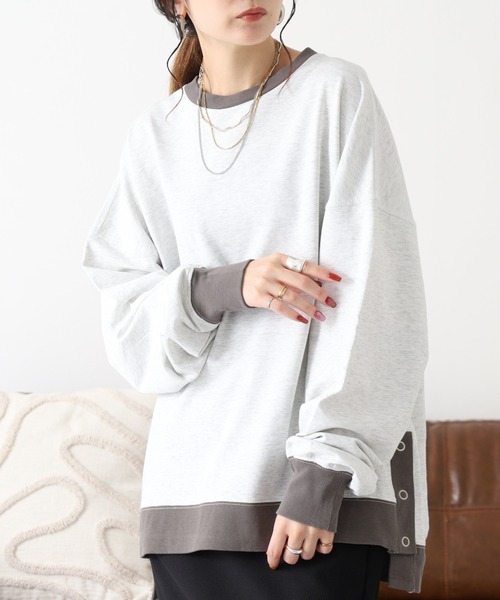 Arinomama(アリノママ)の「Arinomama 260gミニ裏毛 サイドボタン配色リブトレーナー(Tシャツ/カットソー・レディース・杢グレー/スミクロ/ブラウン・FREE)」の14枚目の写真
