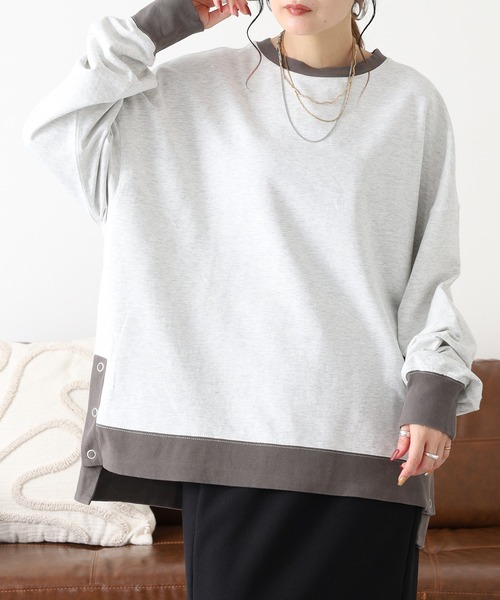 Arinomama(アリノママ)の「Arinomama 260gミニ裏毛 サイドボタン配色リブトレーナー(Tシャツ/カットソー・レディース・杢グレー/スミクロ/ブラウン・FREE)」の13枚目の写真