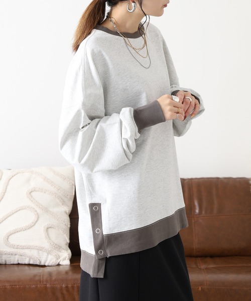 Arinomama(アリノママ)の「Arinomama 260gミニ裏毛 サイドボタン配色リブトレーナー(Tシャツ/カットソー・レディース・杢グレー/スミクロ/ブラウン・FREE)」の16枚目の写真
