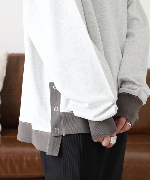 Arinomama(アリノママ)の「Arinomama 260gミニ裏毛 サイドボタン配色リブトレーナー(Tシャツ/カットソー・レディース・杢グレー/スミクロ/ブラウン・FREE)」の18枚目の写真
