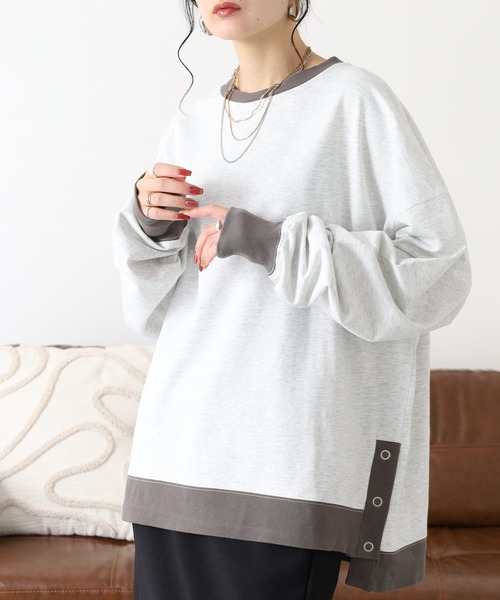 Arinomama(アリノママ)の「Arinomama 260gミニ裏毛 サイドボタン配色リブトレーナー(Tシャツ/カットソー・レディース・杢グレー/スミクロ/ブラウン・FREE)」の15枚目の写真