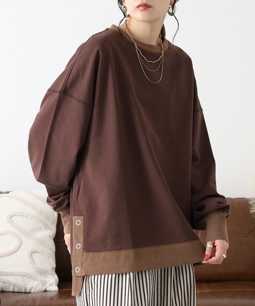 Arinomama(アリノママ)の「Arinomama 260gミニ裏毛 サイドボタン配色リブトレーナー(Tシャツ/カットソー・レディース・杢グレー/スミクロ/ブラウン・FREE)」の22枚目の写真