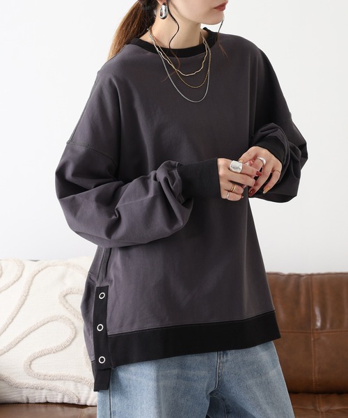 Arinomama(アリノママ)の「Arinomama 260gミニ裏毛 サイドボタン配色リブトレーナー(Tシャツ/カットソー・レディース・杢グレー/スミクロ/ブラウン・FREE)」の6枚目の写真