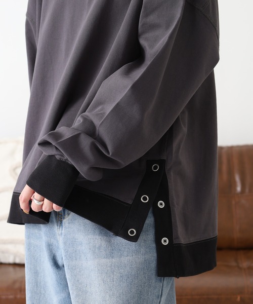 Arinomama(アリノママ)の「Arinomama 260gミニ裏毛 サイドボタン配色リブトレーナー(Tシャツ/カットソー・レディース・杢グレー/スミクロ/ブラウン・FREE)」の8枚目の写真