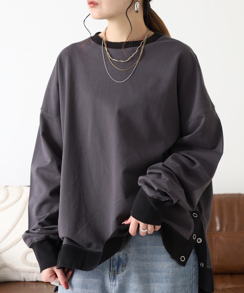 Arinomama(アリノママ)の「Arinomama 260gミニ裏毛 サイドボタン配色リブトレーナー(Tシャツ/カットソー・レディース・杢グレー/スミクロ/ブラウン・FREE)」の4枚目の写真