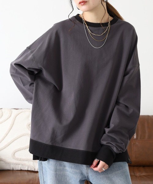 Arinomama(アリノママ)の「Arinomama 260gミニ裏毛 サイドボタン配色リブトレーナー(Tシャツ/カットソー・レディース・杢グレー/スミクロ/ブラウン・FREE)」の5枚目の写真