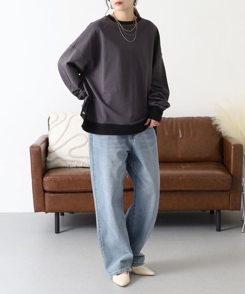 Arinomama(アリノママ)の「Arinomama 260gミニ裏毛 サイドボタン配色リブトレーナー(Tシャツ/カットソー・レディース・杢グレー/スミクロ/ブラウン・FREE)」の10枚目の写真