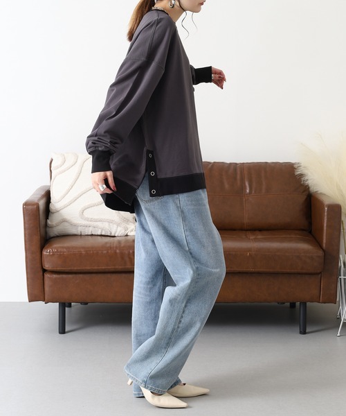 Arinomama(アリノママ)の「Arinomama 260gミニ裏毛 サイドボタン配色リブトレーナー(Tシャツ/カットソー・レディース・杢グレー/スミクロ/ブラウン・FREE)」の11枚目の写真