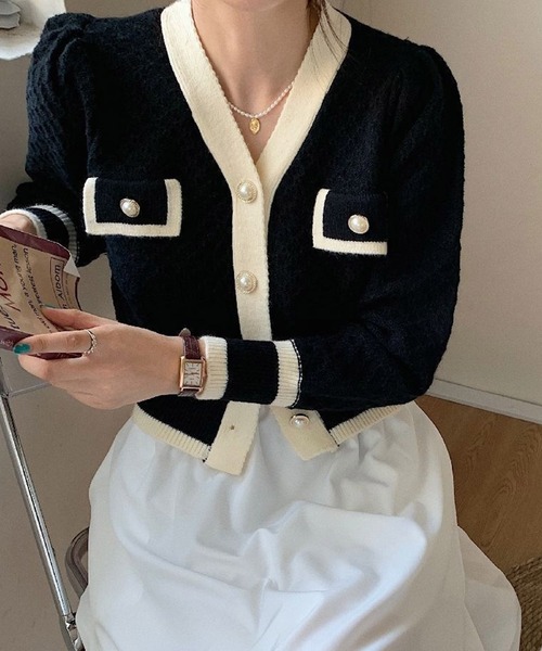 DRESS PLUS（ドレスプラス）の「バイカラーパール調ボタンVネックニットカーディガン（カーディガン/ボレロ・レディース・ホワイト・フリー）」の16枚目の写真