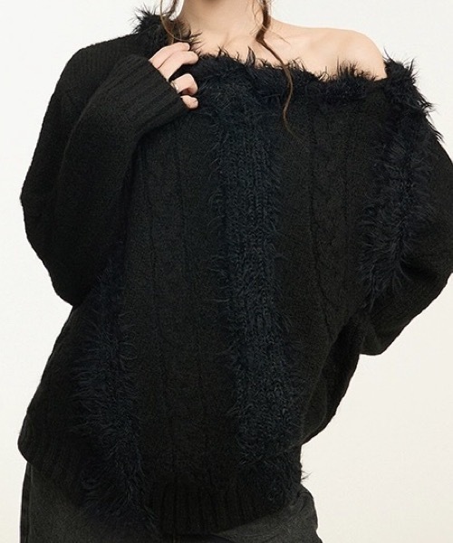 Alvia(アルビア)の「韓国風シャギーフェザー オフショル ニットトップス(ニット/セーター・レディース・ブラック/ホワイト・M)」の18枚目の写真