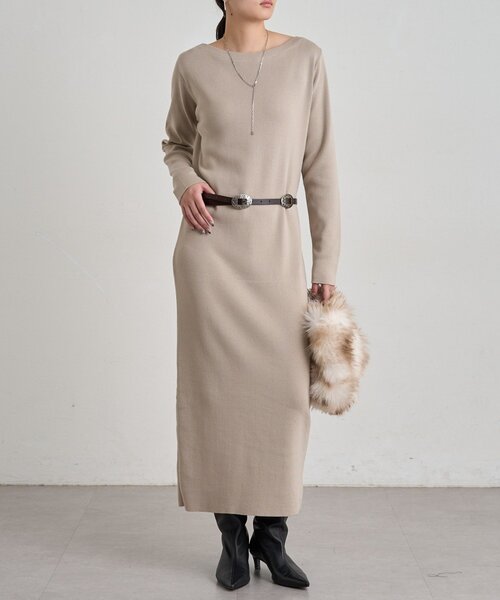 LOUNGEDRESS(ラウンジドレス)の「ボートネックニットワンピース(ワンピース・レディース・ブラック/ライトベージュ・FREE)」の1枚目の写真