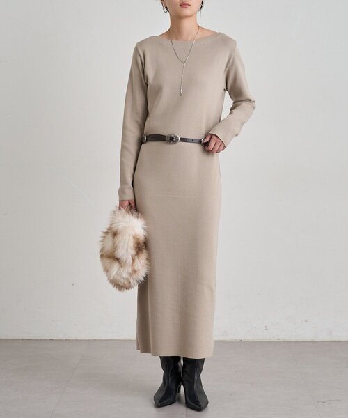 LOUNGEDRESS(ラウンジドレス)の「ボートネックニットワンピース(ワンピース・レディース・ブラック/ライトベージュ・FREE)」の9枚目の写真