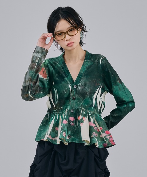 NON TOKYO(ノントーキョー)の「DIRECT PRINT RIB GATHER CARDIGAN(カーディガン/ボレロ・レディース・マルチ/グリーン・FREE)」の1枚目の写真