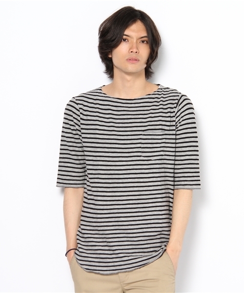 WEGO(ウィゴー)の「変形インレーボーダー5STee(Tシャツ/カットソー・メンズ・オフホワイト/杢グレー/ネイビー・MEDIUM/LARGE)」の1枚目の写真