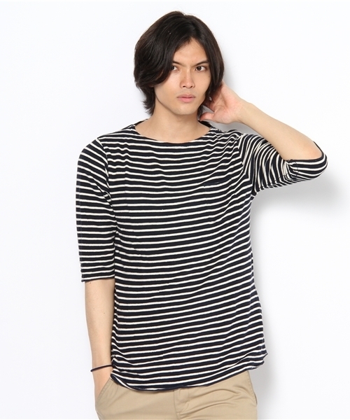 WEGO(ウィゴー)の「変形インレーボーダー5STee(Tシャツ/カットソー・メンズ・オフホワイト/杢グレー/ネイビー・MEDIUM/LARGE)」の3枚目の写真