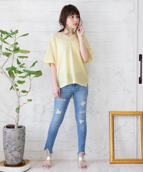 Girly Doll(ガーリードール)の「ワッフル半袖トップス(Tシャツ/カットソー・レディース・ブラック/ベージュ/ピンク/イエロー/ブラック系その他/ベージュ系その他/イエロー系その他/ピンク系その他/ブラック系その他2/ベージュ系その他2/イエロー系その他2/ピンク系その他2・FREE)」の1枚目の写真
