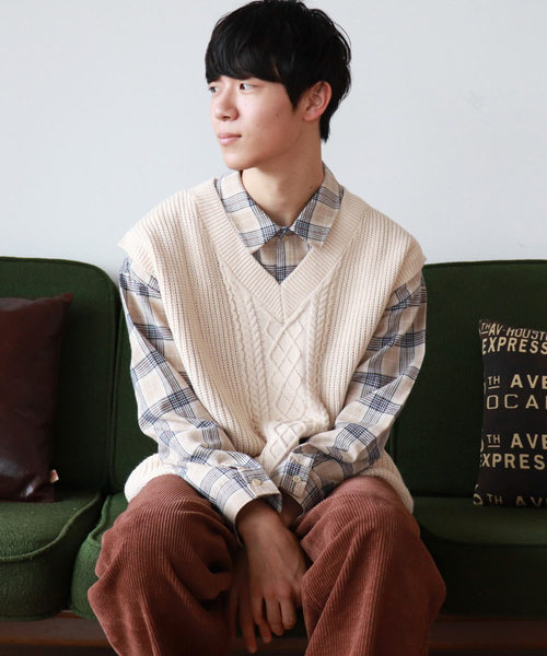 PairPair（ペアペア）の「チェック柄ドロップシャツ×ニットベストセット（シャツ/ブラウス・メンズ・アイボリー/ブラウン系その他・FREE）」の2枚目の写真