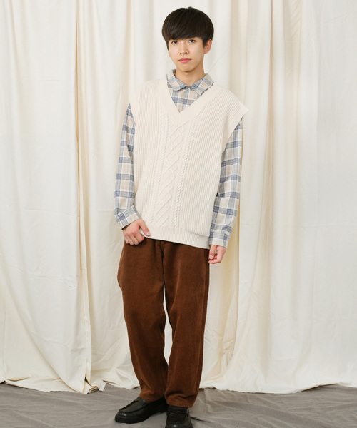 PairPair（ペアペア）の「チェック柄ドロップシャツ×ニットベストセット（シャツ/ブラウス・メンズ・アイボリー/ブラウン系その他・FREE）」の3枚目の写真