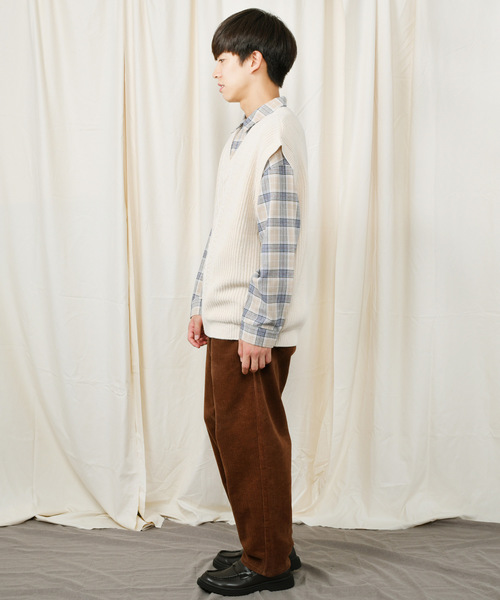 PairPair（ペアペア）の「チェック柄ドロップシャツ×ニットベストセット（シャツ/ブラウス・メンズ・アイボリー/ブラウン系その他・FREE）」の4枚目の写真