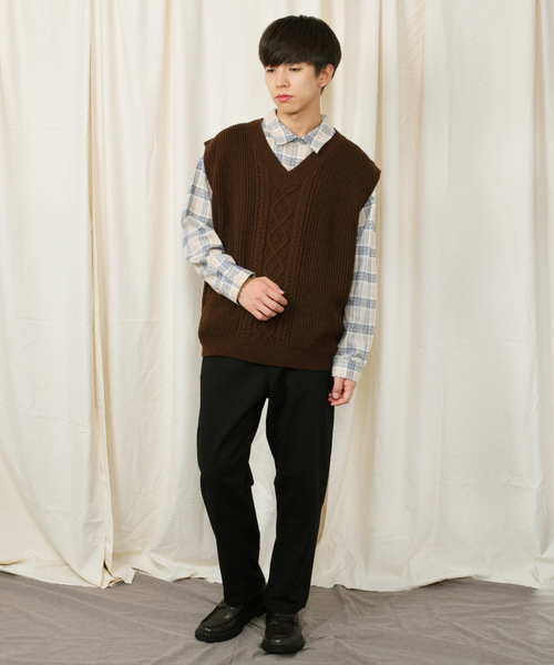 PairPair（ペアペア）の「チェック柄ドロップシャツ×ニットベストセット（シャツ/ブラウス・メンズ・アイボリー/ブラウン系その他・FREE）」の7枚目の写真