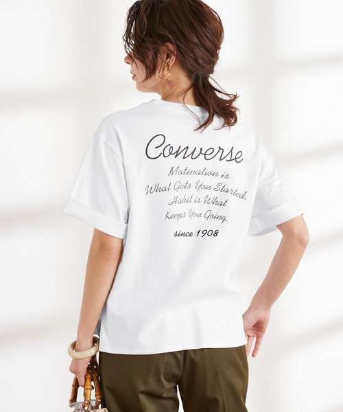 CONVERSE（コンバース）の「CONVERSE コンバース Chaco closet別注 袖ロールアップバックロゴプリント半袖Tシャツ（Tシャツ/カットソー・レディース・ホワイト/ブラック/サンドベージュ・FREE）」の2枚目の写真