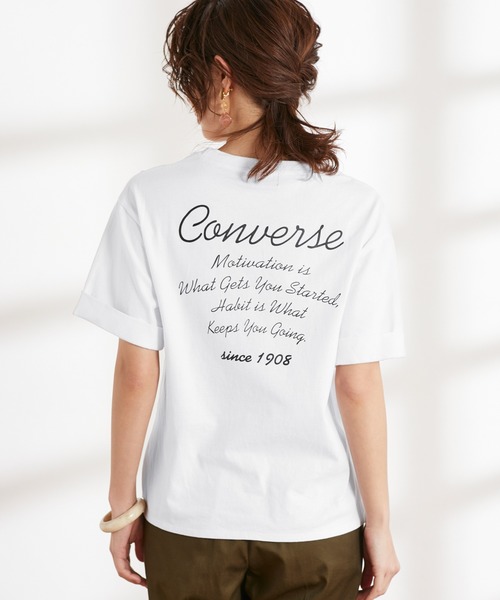 CONVERSE（コンバース）の「CONVERSE コンバース Chaco closet別注 袖ロールアップバックロゴプリント半袖Tシャツ（Tシャツ/カットソー・レディース・ホワイト/ブラック/サンドベージュ・FREE）」の19枚目の写真