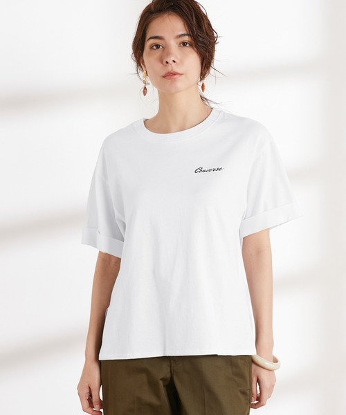 CONVERSE（コンバース）の「CONVERSE コンバース Chaco closet別注 袖ロールアップバックロゴプリント半袖Tシャツ（Tシャツ/カットソー・レディース・ホワイト/ブラック/サンドベージュ・FREE）」の20枚目の写真