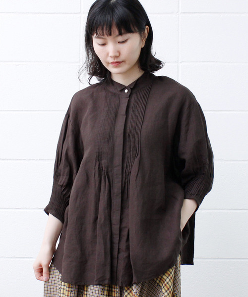 Savon アトリエドサボン のファッション シャツ ブラウス 麻 ピンタックウィングカラー7分袖 Bl シャツ ブラウス L Atelier Du